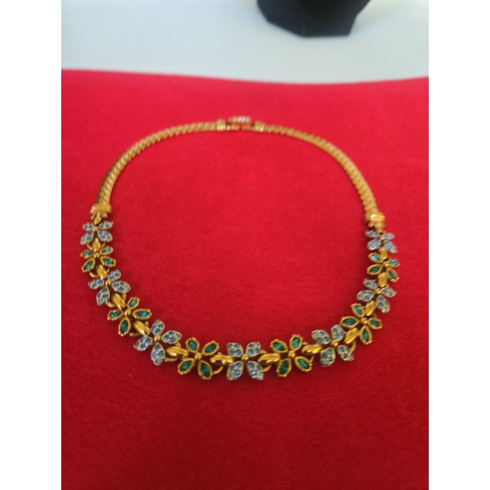 Swarovski Signed Blue Teal Crystal Quatrefoil Flower Gold Plated Necklace Estate - Picture 9 of 15